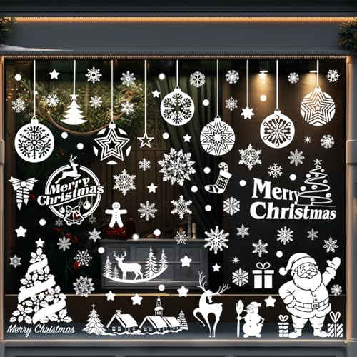 CharmBurst Fensterbilder Natale Autoadesivo Bianco, Adesivi per Finestre Natalizi Riutilizzabili, Adesivi Fiocchi di Neve con Case per Decorazione Finestre Invernale