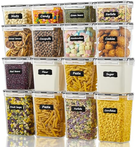 FOHERE Airtight Food Storage Containers With Lids(16 Pack), BPA-Free Cereal Storage Containers with 16 Labels, Cereal Dispenser for Kitchen Storage & Organisation, For Cereal, Cornflakes and Flour