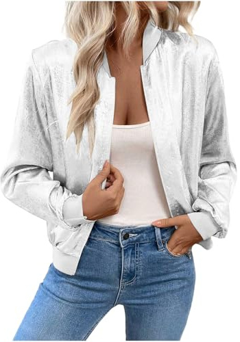 Mrat Women's Bomber Jackets Metallic Sparkly Flight Jackets Long Sleeve Zip Up Coats Ladies Lightweight Biker Jacket Glitter Club Party Festival Baseball Jacket Shiny Look Tops Wedding Dance Going Out