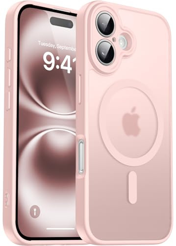 Natiiozie Magnetisch Kompatibel mit iPhone 16 Hülle Kompatibel mit MagSafe, Kameraschutz FallSchutz Handyhülle, Stoßfest Kratzfest Schutzhülle Transluzente Matt Rückseite Case Rosa