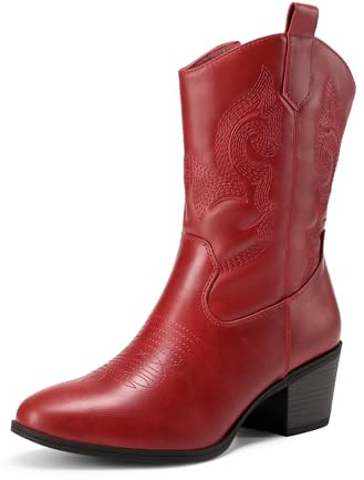 DREAM PAIRS cowboystövlar för kvinnor, cowgirlstövlar i mitten av vaden med broderi, rund tå, västerländsk tjocka lågklackade skor