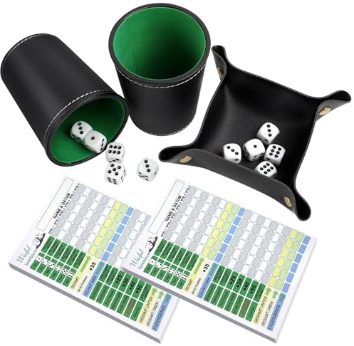 Bloque de Juego de Dados, Cubilete de Cuero con 10 Dados, 2 Volúmenes Hojas de Cartas Ganadoras con Bandeja Dado Plegable, para Juegos de Dado, para Fiesta Bar Viaje Cámping
