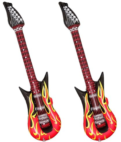 2 Pcs Inflatable Guitar Toys for Kids, Blow Up Rockstar Guitar with Strap and Flame Design, Air-Filled Musical Instrument Pretend Play for Parties, Concerts, Photo Props (Colorful)​