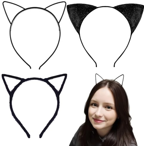 FrostyFlair 3er Set Katzenohren Haarreif, Cat & Schwarze Ears, Perfekt für Damen Halloween Katzenkostüm