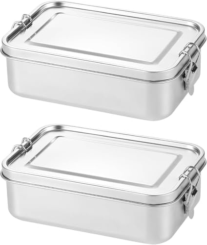 Elyrau Stainless Steel Lunch Box, 2 Pack 850ML Bento Box with Leakproof Condiment Container, Lock Clip, Freezer & Dishwasher Safe, Portable Snack Container Metal Lunch Box for Adults Kids