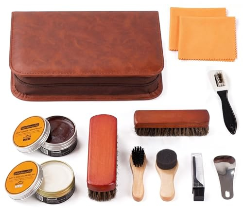 Lifegogo Leather Shoe Polish Kit for Men: 12Pcs Shoe Shine Kit with Shoes Polish Horsehair Bristle Dauber Sponge Brush for Boots Shoes Cleaning and Maintenance