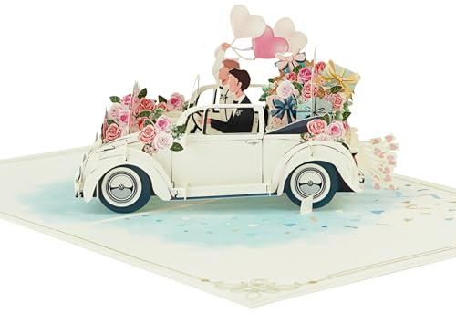 Pop-Up Hochzeitskarte 3D – Männerpaar im Käfer Cabrio mit Blumenschmuck – Handgefertigte Glückwunschkarte inkl. Umschlag & Einleger – Geldgeschenk/Gutschein Hochzeit TK091