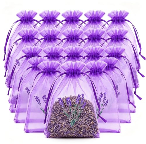 MUYAPAY 20 stycken lavendelväskor för presenter mörklila organza 9 x 12 cm Organza-väska med justerbar dragsko tom väska för lavendel smycken festival bröllop gynnar och söt