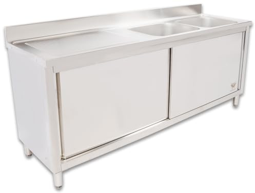 Beeketal 'GSB200-Duo' Edelstahl Spülschrank mit 2 Spülbecken (rechts) und Abtropffläche (links), Unterschrank mit Rollentüren, Aufkantung und justierbaren Stellfüßen, (B/T/H): ca. 2000 x 600 x 940 mm