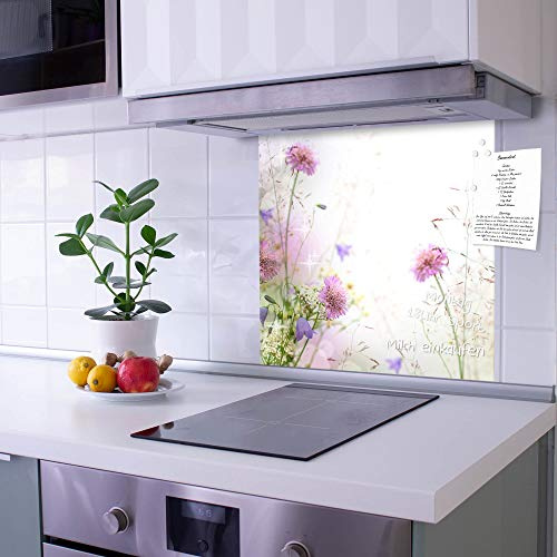 banjado Küchenrückwand Glas ohne Bohren 50x50cm – Glasrückwand Küche mit Motiv Wiese Blumen/Spritzschutz Küchenrückwand Glas/selbstklebende Küchenrückwand Platte - magnetisch & beschreibbar