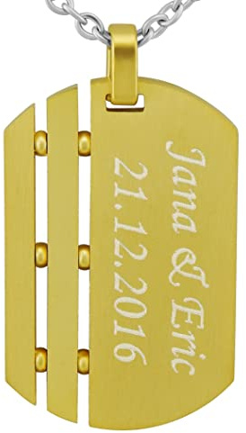 Hanessa Personalisierte Kette mit Gravur Edelstahl 50 cm mit Anhänger Dog Tag Erkennungsmarke in gold - Personalisierte Halskette für Männer und Frauen - Personalisierter Schmuck Damen Herren