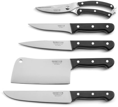 SABATIER TROMPETTE - Set de 3 couteaux de cuisine : Désosser, Saigner, Boucher, Couperet et sécateur - Universal - Acier MoV finition satinée manche ABS et rivets acier - Noir