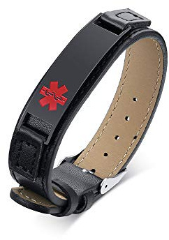 VNOX Personalisierte Herren Damen Medizinisch ID Leder Armband Braid Names Medizinisch Warnen Armband für Männer Paar mit Familiennamen - Geburtstag,Armbandlänge 15-19.5cm