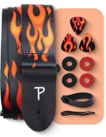Perri's Leathers Ltd. - Set - Polyester-Gitarrengurt - Flamme - BONUS - 3 Medium Plektren 0,71mm - 1 Leder-Akustik-Adapter - 4 Gurt- & Riemenverschlüsse (LPCP-702-PKG)