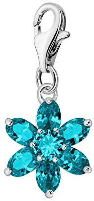 Quiges Charm Anhänger Kristall Hellblau Zirkonia Blume Marz Geburtsstein 925 Silber mit Karabinerverschluss für Bettelarmband