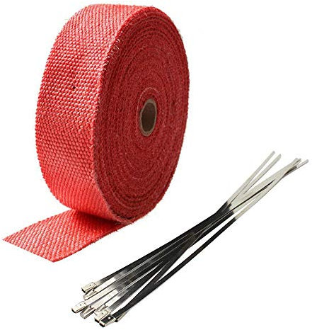 Mintice 5CM X 5M Fiberglass Roll Red Racing Exhaust Heat Header Pipe Wrap Tape Shield Sleeve Thermal Protection 6 Locking Ties Car Motorcycle