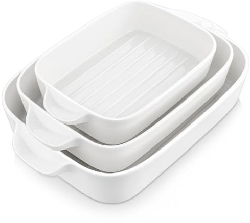 MALACASA serie Bake.Bake Juego de 3 Moldes de Porcelana para Hornear, Fuente para Horno Bandejas Rectángulo Color Crema