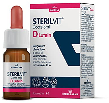 Sterilvit D Lutein, Posologia a 5 gocce 400 u di vitamina D3, Luteina, Zeaxantina e DHA, Formula Microemulsionata, Sicuro dalla Nascita. CONSIGLIATO DAL MEDICO PEDIATRA Flacone 5 ML