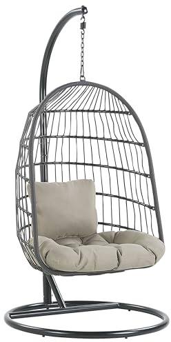 Poltrona Sospesa con Cesta in Corda di Poliestere Beige per Interno ed Esterno Boho