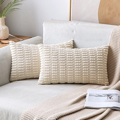 MIULEE Pack of 2 Corduroy Decorative Lumbar Throw Pillow Covers 20x12 Inch Soft Boho Striped Pillow Covers Modern Farmhouse Home Decor for Sofa Living Room Couch Bed Cream White