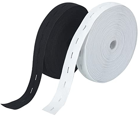 VEGCOO 14M(15 Yards) Élastique à Boutonnière, Bobine Élastique à Boutonnière avec 20 Boutons en Résine, Bande Élastique Couture pour Extendeurs de Taille Elastiques (20MM Blanc+Noir)