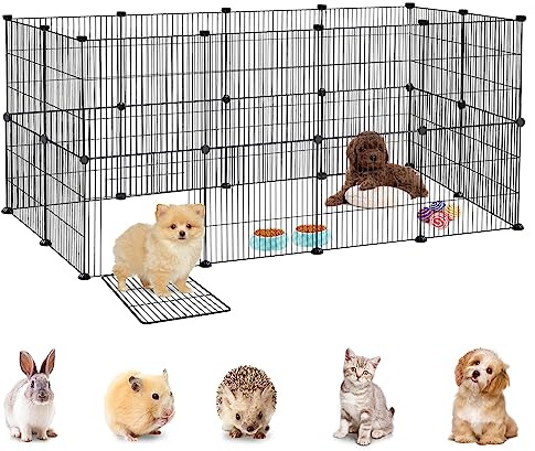 YRHome Freigehege Gittergehege für Kaninchen Hasen Meerschweinchen Gehege Freilauf Hamster Welpengehege Kleintiergehege Hasenstall Laufgitter Kleintierkäfig 24-Platten mit Türen Schwarz 142x72x72cm
