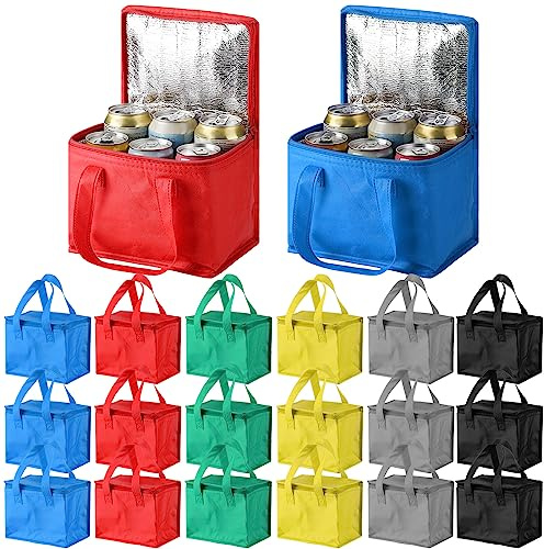 Lallisa 24 Pack Insulated Lunch Bags Bulk Reusable Leakproof Waterproof Thermal Cooler Bags Insulated Beverage Box for Office Picnic Snack Women Men(Black, Red, Blue, Gray, Green, Yellow)