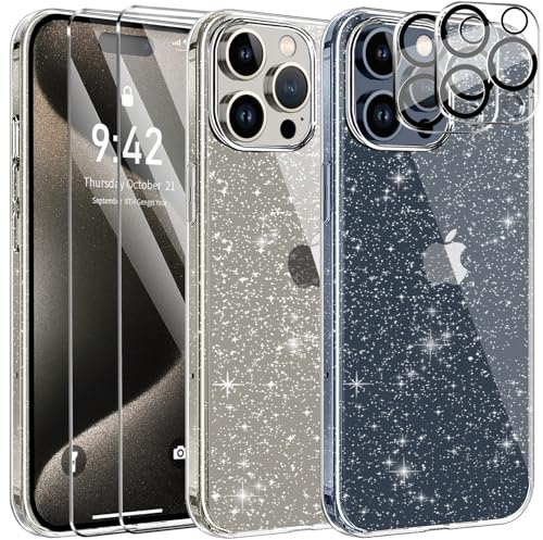 AROYI [5 in 1 Klar Glitzer Handyhülle Kompatibel mit iPhone 15 Pro Hülle mit 2 Schutzfolie + 2 Kameraschutz, Transparent TPU Silikon Case [Anti-Yellowing]