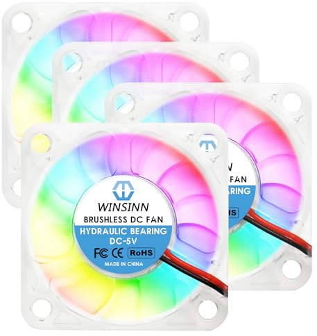 WINSINN 50mm RGB Fan 5V, LED Colorful Micro 5 Volt Fans 5010 Hydraulic Bearing, Brushless Cooling 50x10mm 2PIN, Works with 3D Printer/Computer/Notebook/PC Case/Router/TV Box (Pack of 4Pcs)