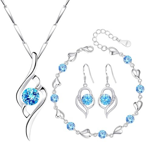 Epinki Herz Schmuckset Silber 925 Damen Kette Ohrringe Armband Set mit Blau Zirkonia 5A, Frauen Freundin Mama Beste Freundin Mutter zum Geburtstag Valentinstag Weihnachten Schmuck Geschenk 40+5CM