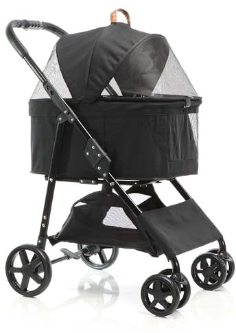 Fudajo 2in1 Hundebuggy zusammenklappbar in Schwarz, Hundewagen mit Abnehmbarer Hundetragetasche, für kleine bis mittlere Hunde und Katzen