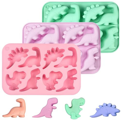 3 Stück Dino Kuchenform, 8 Hohlräume Dino Backform, Backform Dinosaurier, Dino Silikonform, Silikonform Dinosaurier Geeignet für die Herstellung Kuchen Eiswürfeln Süßigkeiten Pralinen (Rosa/Grün/Lila)