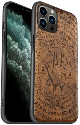 Carveit Coque Compatible avec iPhone 11 Pro Étui en Bois Rigide Antichoc avec Cadre en TPU Case pour Apple 11 Pro Coque Premium de Protection (Noyer-Carte des Mains mystiques)