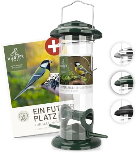 wildtier liebe Körner Mangeoire pour oiseaux, 23,5 cm, vert, en métal inoxydable, colonne d'alimentation pour oiseaux, silo d'alimentation pour oiseaux sauvages, pour toute l'année