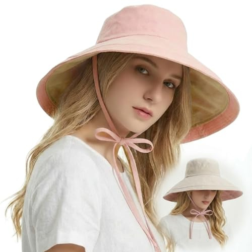 HIQIU Omvänd solhatt dam UV-skydd Stor brätte sommarhatt - Vikbar fiskarhatt Reversibel strandhatt Trädgårdshatt för utomhus och semester, ROSA, 56-58