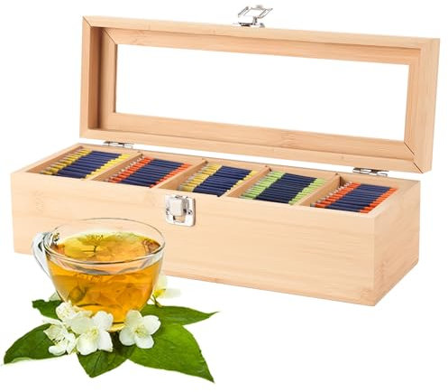 Caja Infusiones de Madera con 5 Compartimentos, Caja Te con Ventana de Visualización, Caja Madera con Tapa Para Bolsitas Se Té, Divisores Extraíbles, Ideal Para Té, Café, 30×10×9 cm