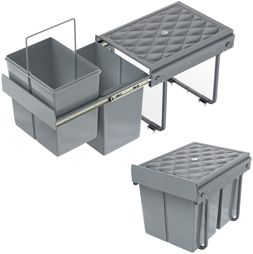 SUBTLETY Einbau Mülltrennsystem 2x15L PVC Ausziehbarer Küchenmülleimer 48x34x35cm Müllsammler mit Deckel Mülltonne Unter Spüle Effiziente Mülltrennung Doppelt Abfalleimer Set für Küche