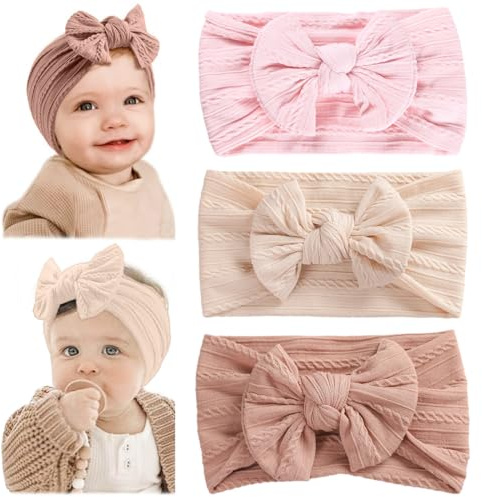 NJCXOLA 3-pack babypannband för flickor, elastiska, mjuka, söta pannband med rosetter för småbarn