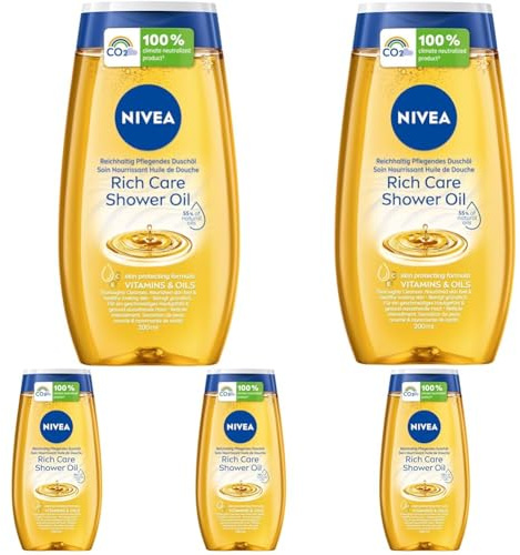 NIVEA Reichhaltig Pflegendes Duschöl (200 ml), sanftes Duschgel mit natürlichen Ölen und Vitaminen, reichhaltige Pflegedusche für ein geschmeidiges Hautgefühl (Packung mit 5)