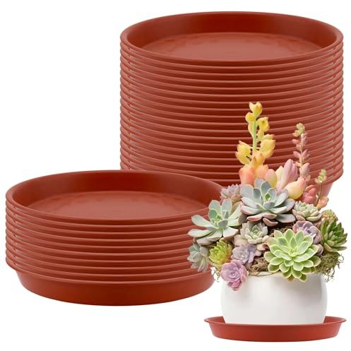 SOUJAP 30 PCS 15cm Red Plant Pot Saucers, Plastic Round Flower Trays, Small Plant Drip Trays for Garden Indoor Outdoor