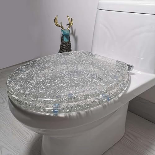 Luxury Gold and Silver Foil Design Transparent Resin Toilet Seat Cover with Stainless Steel Hinges Soft Close Mute Bathroom Decor Silver