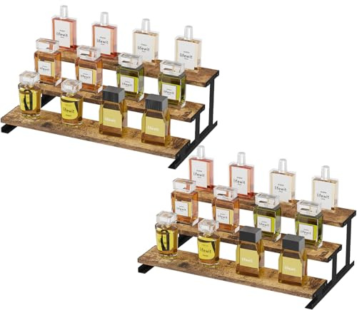 Lifewit Expositor Madera, Organizador Perfumes con Soporte Metálico, Vitrinas Expositoras para Cosméticos, Sobremesa, Esmalte de Uñas, Marrón Rústico, 3 Niveles, 2 Paquetes, 35 cm