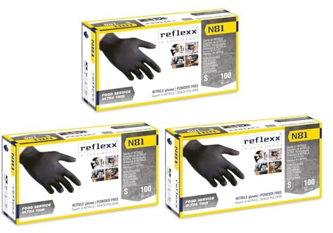 Generico Guanti Nitrile Nero Reflexx N81, Guanti Monouso Nitrile (100/300/1000 Pezzi) Guanti Usa e Getta per Alimenti, Uso Ho.Re.Ca. (300 Pezzi, Taglia S)