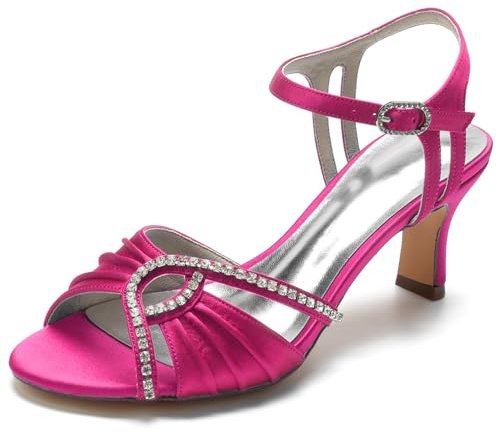smlekwc Women's Peep Toe Slingback Wedding Sandals Mid Heel Bridal Pumps with Rhinestone Ankle Strap Evening Party Prom Shoes,Fuchsia,7 UK