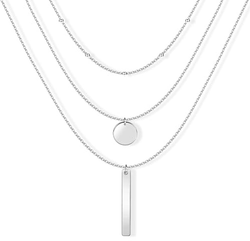 ALEXCRAFT Layered Halskette Silber Damen Herren, Silberkette Runde Anhänger Bar Anhänger Mehrschichtige Halskette Triple Ketten Lange Layered Kette Modeschmuck für Frauen