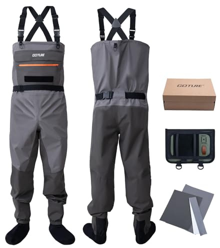 Goture 5-Layer Waterproof Stocking Foot Waders, Breathable Fly Fishing Waders for Men Women with Handwarmer, Multiple Storage Pockets, Adjustable Waist Belt, Fishing Chest Wader for Fishing XXL