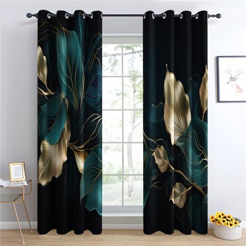 Luxfieo Leaves Blackout Curtains for Living Room Bedroom - 90 Inch Drop Curtains 90x90, Emerald Green and Gold Leaf Patterned Window Treatments, Thermal Eyelet Drapes 2 Panels Q#19