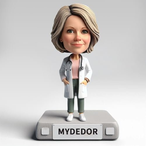 Figura médica personalizada de médico Bobblehead de 6 a 8 pulgadas en abrigo blanco con parte superior rosa, regalo hecho a mano, decoración del hogar, recuerdo coleccionable