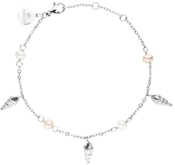 Purelei Akala Armband Damen – Mit Muschelanhängern & echten Süßwasserperlen – Edelstahl 18K vergoldet/rosé/silber – Verstellbar 16–19 cm – Wasserfest (Silver)