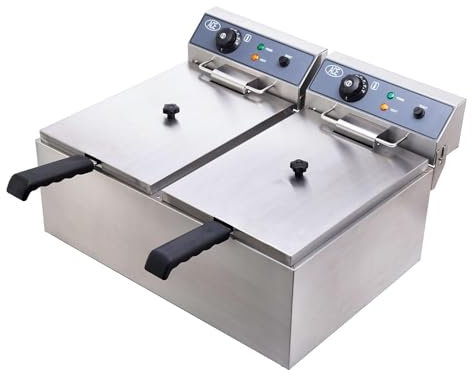 Commercial Double Deep Fat Fryer with Drain Tap - Twin Tanks 17Lx2 Large Electric Chip Fryer with 2 Baskets & Lids, Temperature Control Stainless Steel Frying Machine (240V 6000W)(17Lx2(with Removable